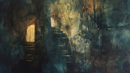 mysterious and gloomy interior with half-erased textures and dark shades.  
