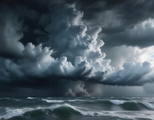 Fototapeta premium A dramatic and intense thunderstorm cloud formation with dark grey clouds, heavy rain and strong winds, creating a rough seas effect on the blue sky, wind, nature