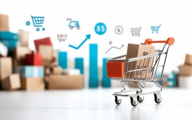 Shopping cart with package, sales growth graph, and boxes.