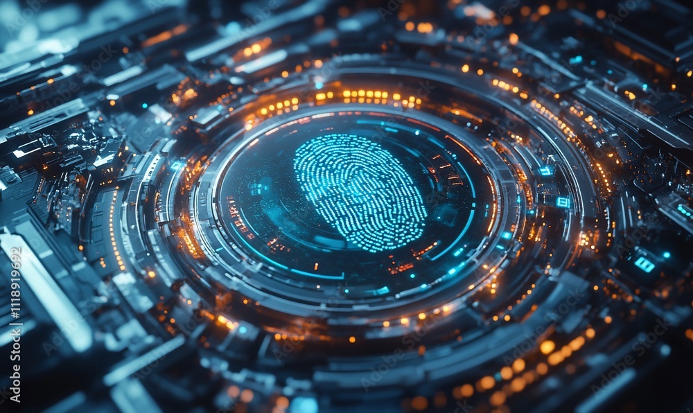 Poster futuristic fingerprint scan technology interface.