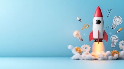 Red and white rocket launching with gears and lightbulbs, signifying startup success.