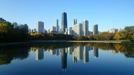 Obraz premium Modern Reflective Skyscrapers and Business Office Buildings: Stunning Architectural Design with Glass Facades Mirroring Urban Skyline.