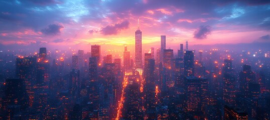 Fototapeta premium Twilight Skyline of Chicago Modern Architecture Illuminated by Golden Lights