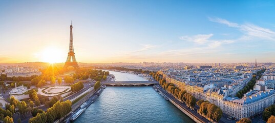 Panoramic Sunset View of Eiffel Tower Seine River and Paris Cityscape France