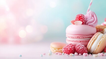 Delicate Pink Dessert with Macarons and Raspberries on Soft Background