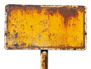 Weathered yellow sign on rusty pole in urban area, cut out - stock png.