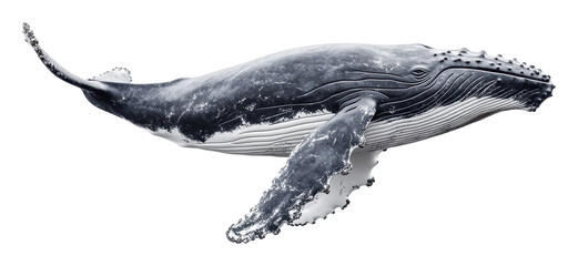 Humpback whale swimming gracefully in clear waters, cut out - stock png.