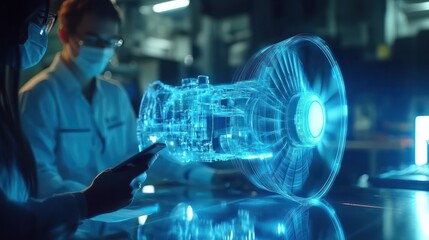 Two Engineers Works with Mobile Phone Using Augmented Reality Holographic Projection 3D Model of the Engine Turbine Prototype. Development of Virtual Mixed Reality Application.