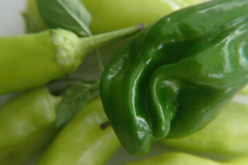 Assorted fresh peppers from garden .