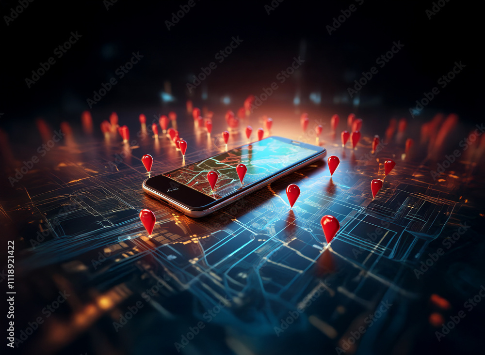 Poster a smartphone displaying a digital map with numerous red location markers. surrounding the phone are 