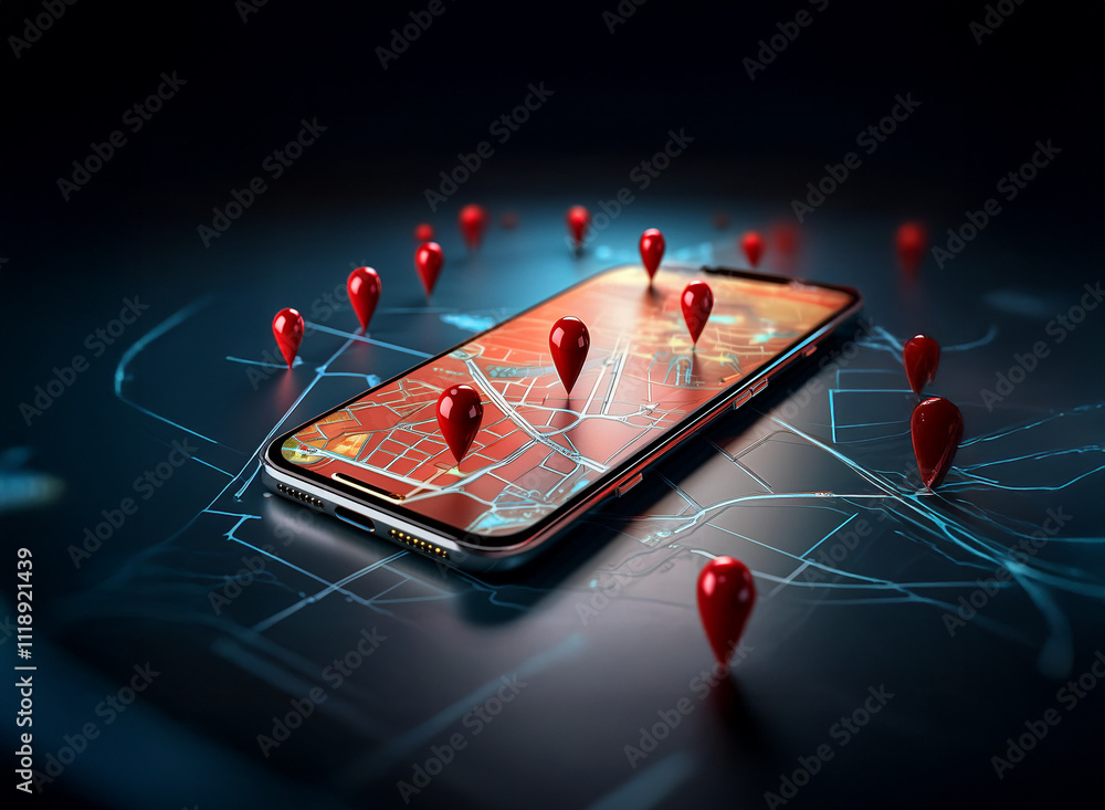 Poster a smartphone displays a map with numerous red location markers scattered around it, illustrating a n