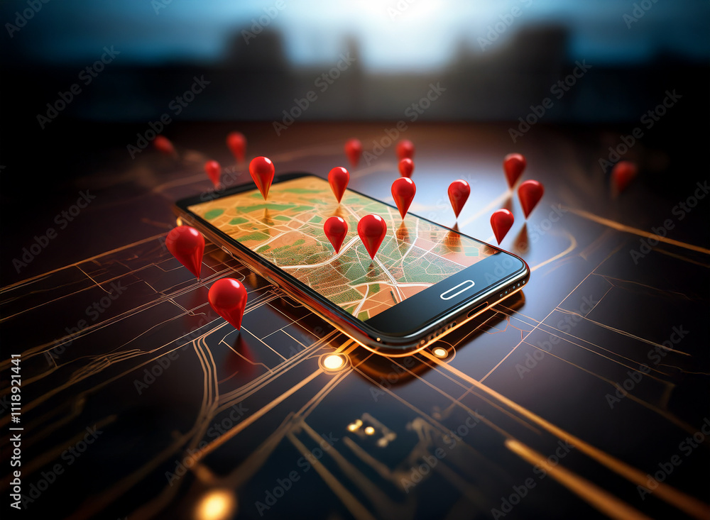 Poster a smartphone displays a map with numerous red location pins, illustrating global connectivity and na