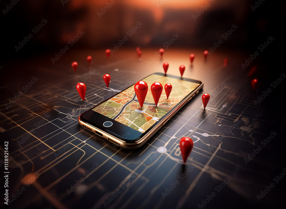 Aufkleber a smartphone displays a map with numerous red location pins scattered around it, symbolizing global 