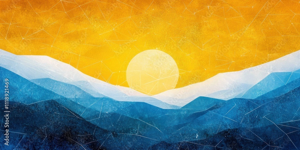 Poster macro snowflakes and frosted winter landscape with yellow geometric pattern abstract texture