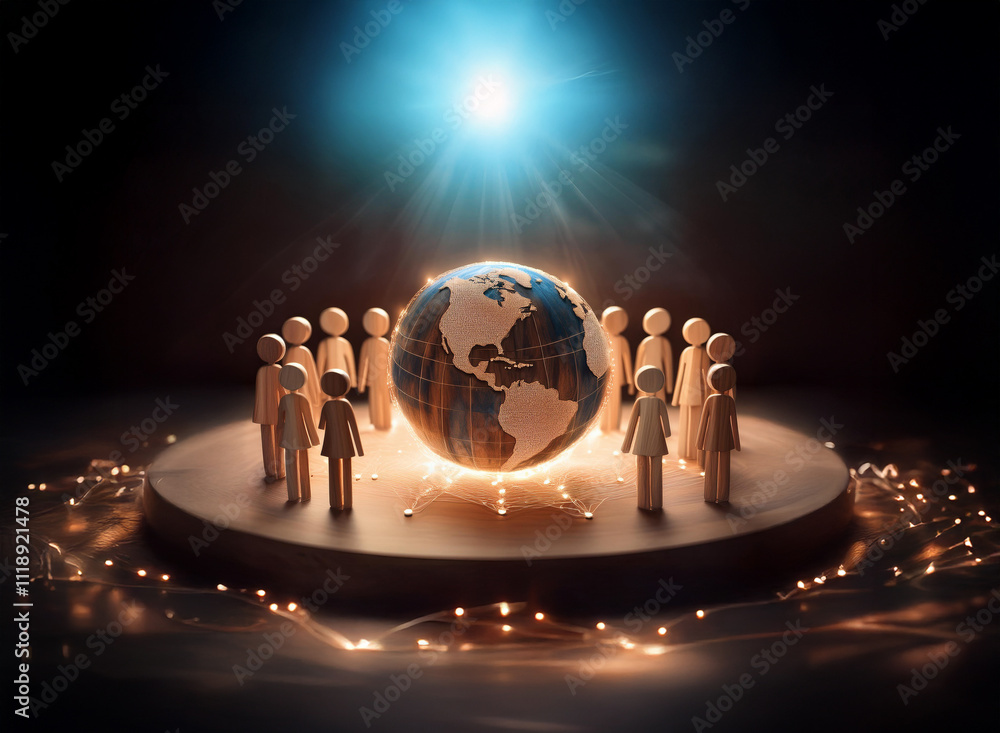 Poster a glowing earth encircled by small figures on a circular platform, bathed in ethereal light, symboli