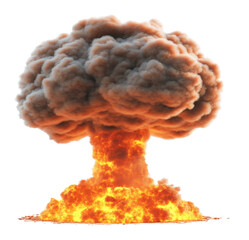 Mushroom cloud explosion with fiery details, isolated on transparent background. Intense energy and destruction concept