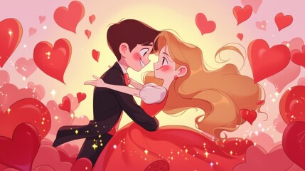 Love-Struck Couple in a 2D Cartoon Heartscape