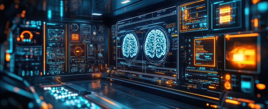 Futuristic Medical Technology for Brain Scans in High-Tech Control Room with Neon Lighting and Digital Interfaces