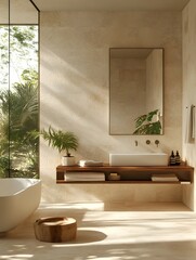 Modern Minimalist Bathroom with Freestanding Tub, Large Window, and Natural Elements Including Greenery and Wooden Accents.