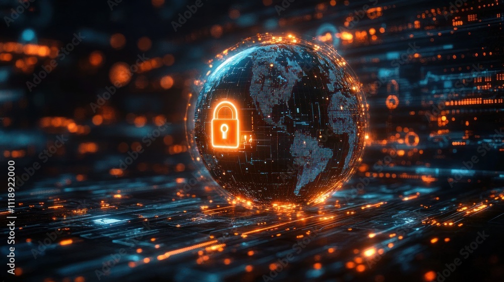Poster Digital Globe with Lock Symbol Over Circuit Board for Global Cybersecurity and Protection