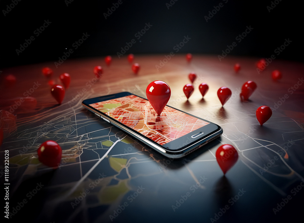 Poster a smartphone displays a map with numerous red location pins scattered around it, suggesting navigati