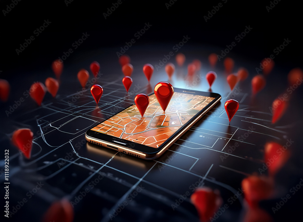 Poster a smartphone displays a map with numerous red location markers, symbolizing gps navigation and multi