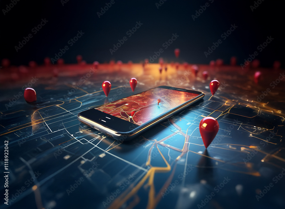 Poster smartphone displaying a detailed map with numerous red location markers, illustrating gps navigation