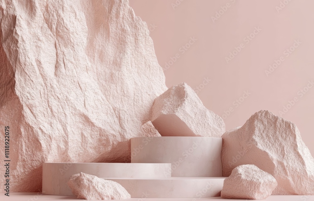 Aufkleber abstract minimalistic sculpture display in soft pink tones with textured rocks and smooth forms