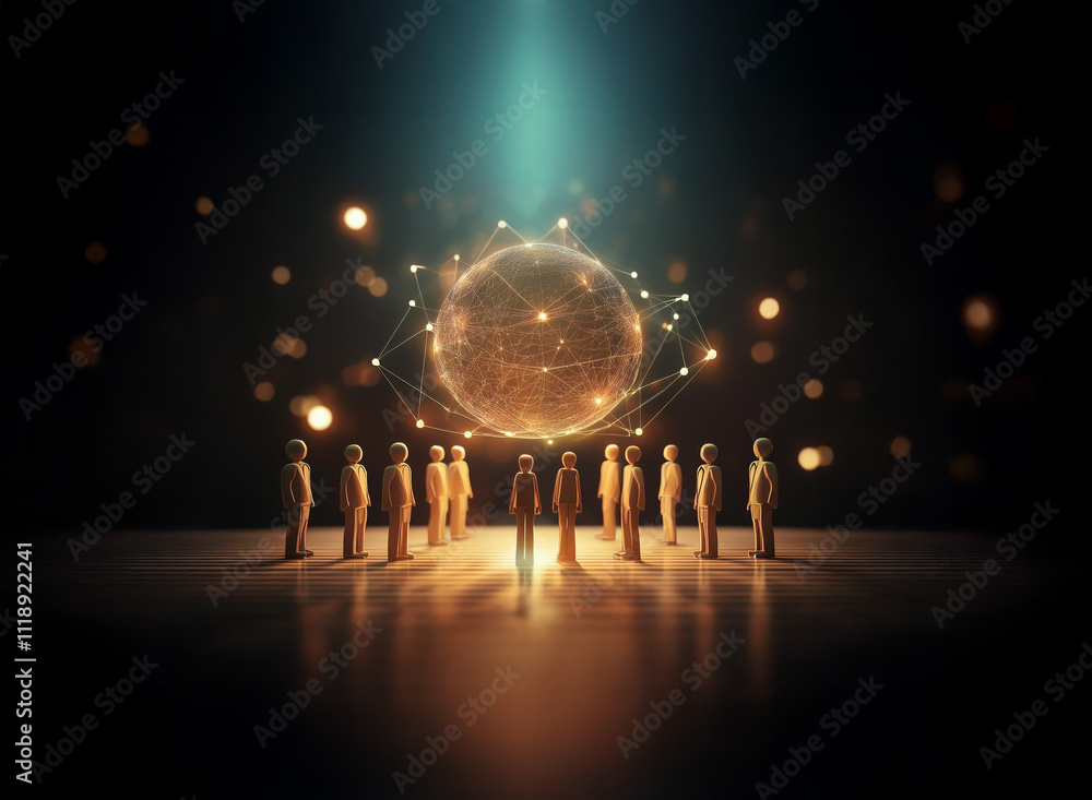 Poster a glowing orb, connected by lines of light, floats above a circle of small figures in a dark space. 