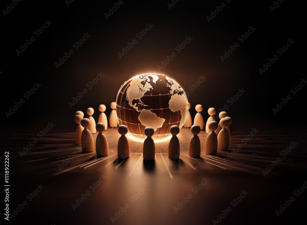 Poster glowing earth encircled by wooden figures, symbolizing global unity and connection. the scene is dar