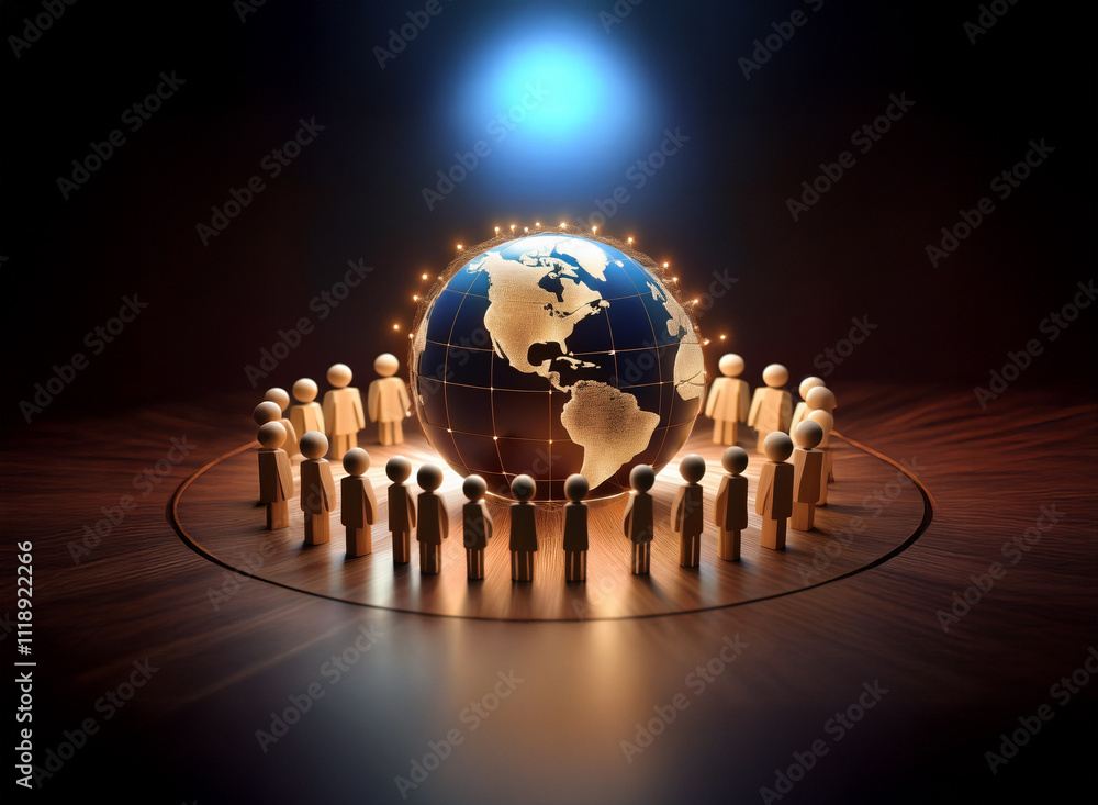 Poster a glowing earth encircled by small figures, symbolizing global unity and connection under a bright l