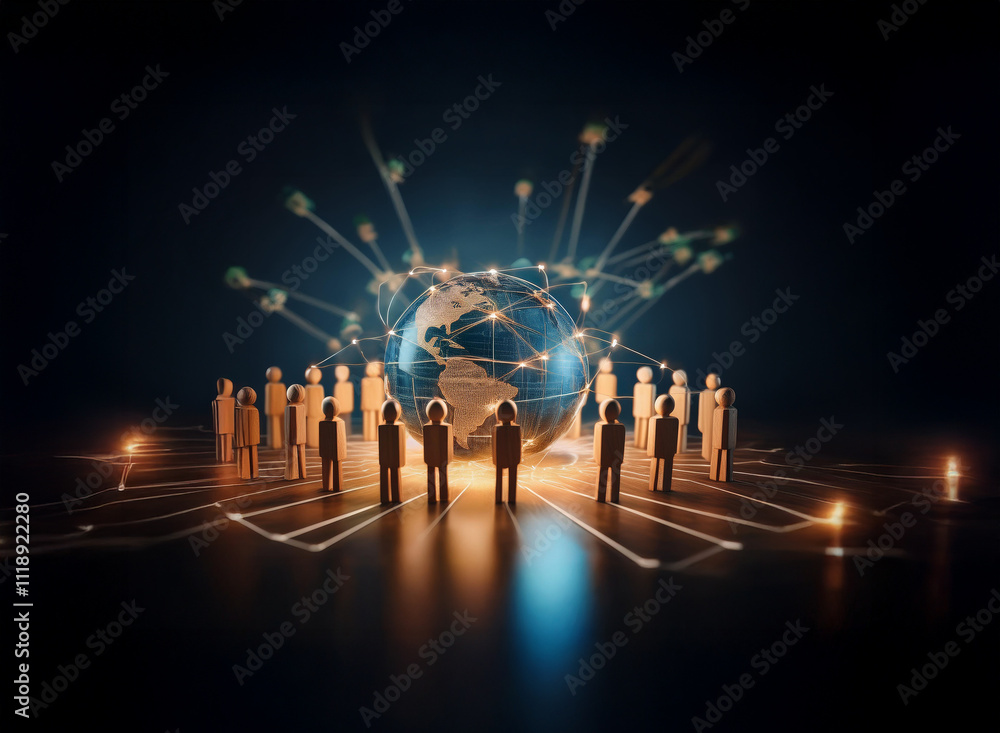Poster a glowing digital earth encircled by small figures, symbolizing global connection and network commun