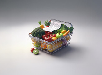 A metal shopping basket overflows with fresh produce, a grocery list peeking from the top.  A healthy, vibrant selection of fruits and vegetables.