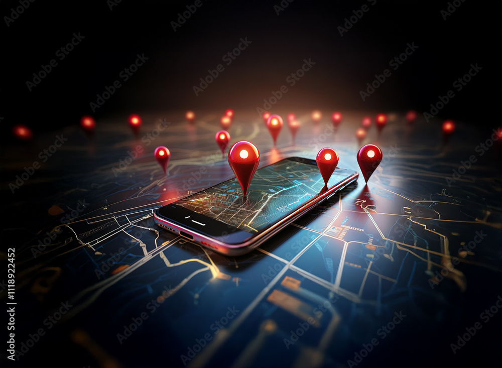 Poster a smartphone displays a digital map with numerous red location markers, illustrating global connecti