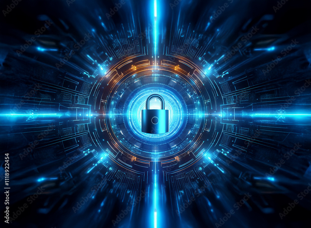Poster abstract digital art depicting a glowing blue and orange futuristic security system interface center