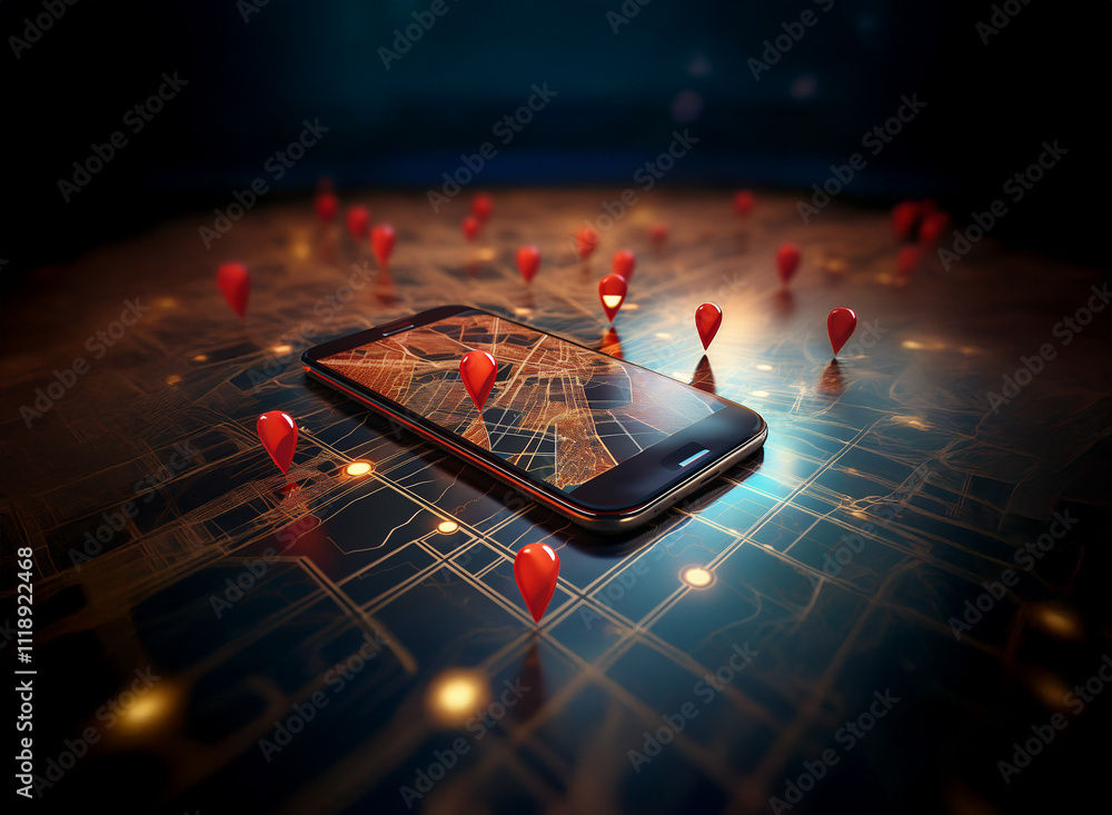 Poster a smartphone displaying a map with numerous location markers rests on a digital city map, illustrati