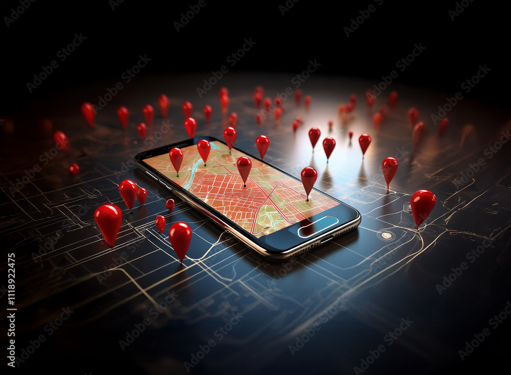 Poster a smartphone displays a map with numerous red location markers, suggesting navigation or location-ba