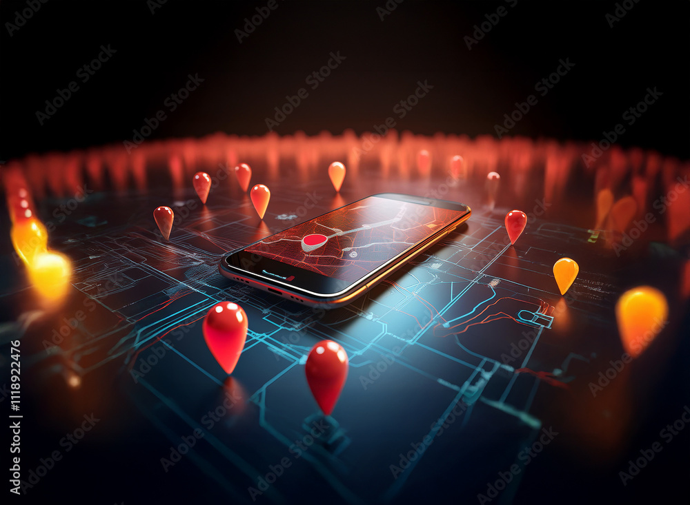 Poster a smartphone displays a digital map with numerous location markers, suggesting navigation or trackin