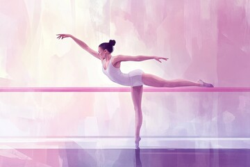 A graceful ballerina poses elegantly at a ballet barre in soft colors.