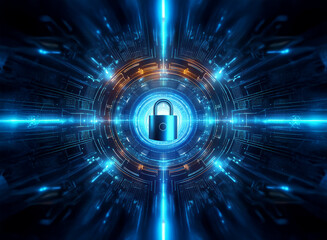 Obraz premium Abstract digital art depicting a glowing blue and orange futuristic security system interface centered on a padlock. The image evokes themes of data protection and cybersecurity.