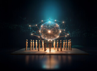 A group of figures stand before a glowing, interconnected global network, symbolizing connection, collaboration, and global reach in the digital age.  The scene is set on a dark, reflective surface, c