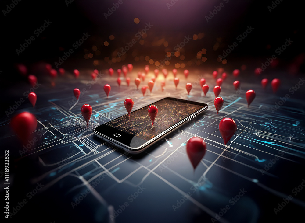 Poster a smartphone displaying a map is surrounded by numerous red location markers on a digital, circuit-l
