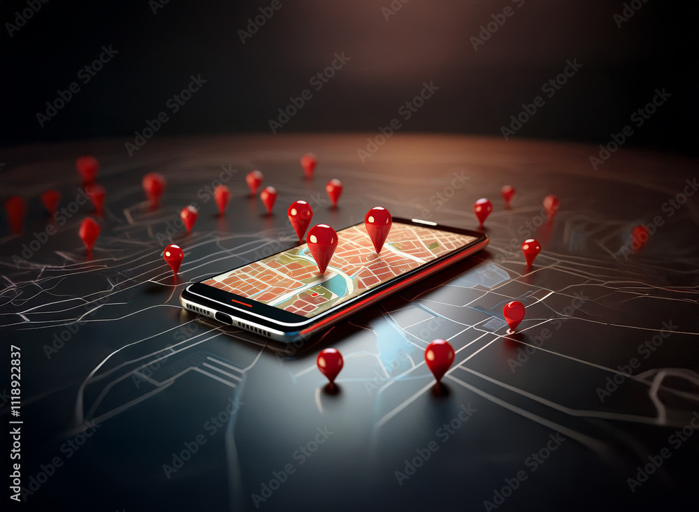 Poster a smartphone displaying a map with numerous red location pins scattered around it, illustrating glob