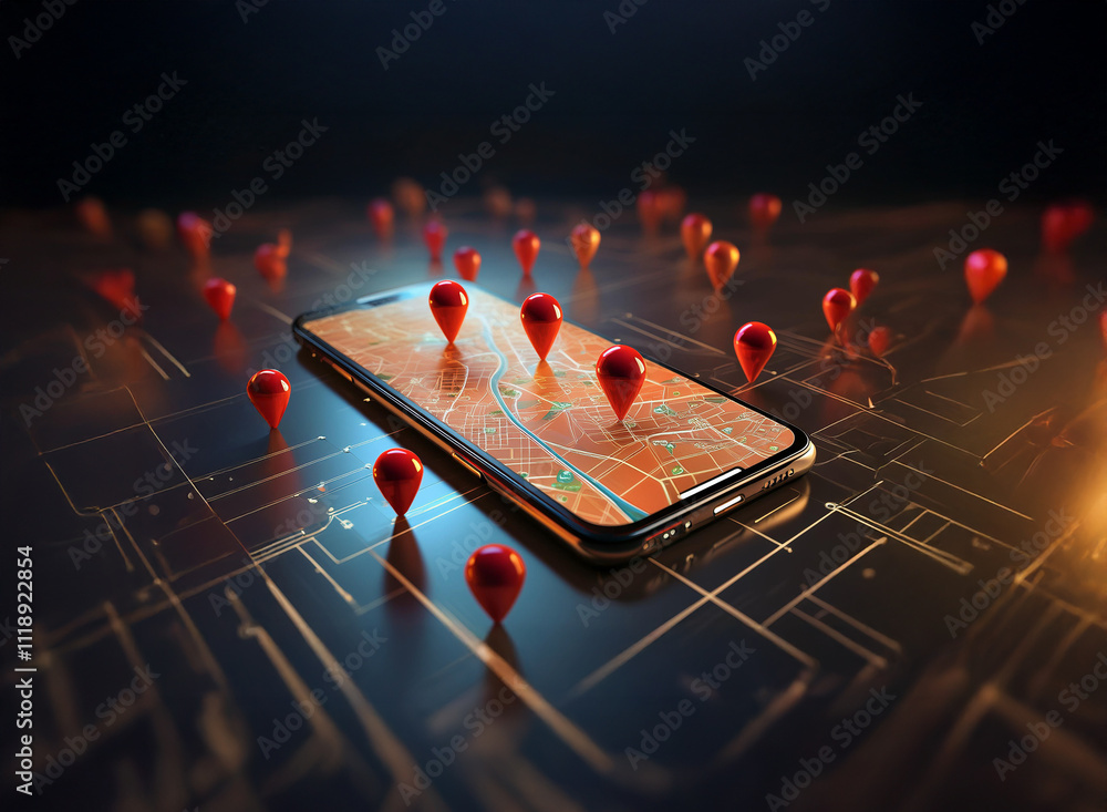 Aufkleber a smartphone displays a map with numerous red location markers scattered across its screen and surro
