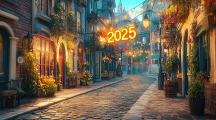 Welcoming the New Year: A Cobblestone Path to 2025 with Historic Charm, Evokes hope and nostalgia, perfect for greeting cards, campaigns, or event announcements.