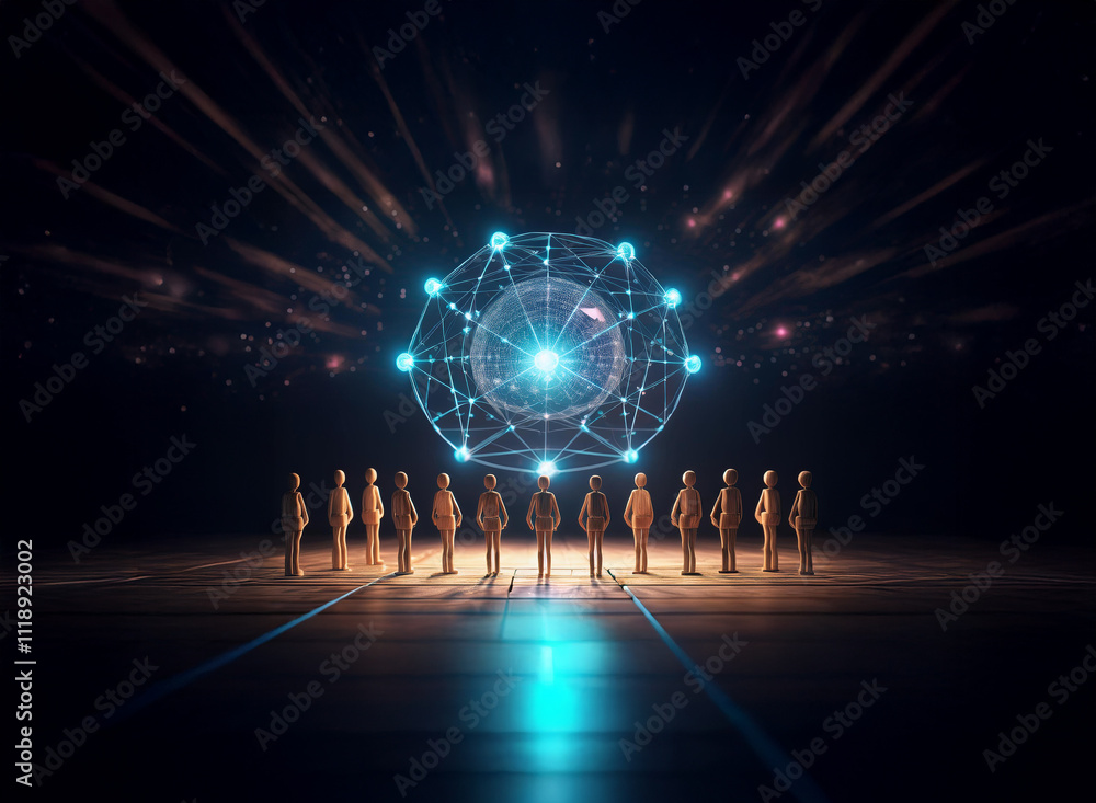 Poster a group of figures stands before a glowing orb, symbolizing global connection and network technology