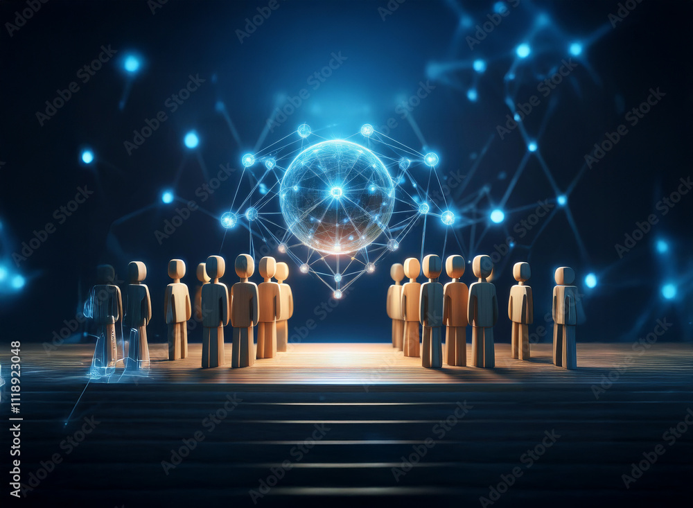 Poster a glowing orb of interconnected nodes floats above a group of wooden figures, symbolizing global con