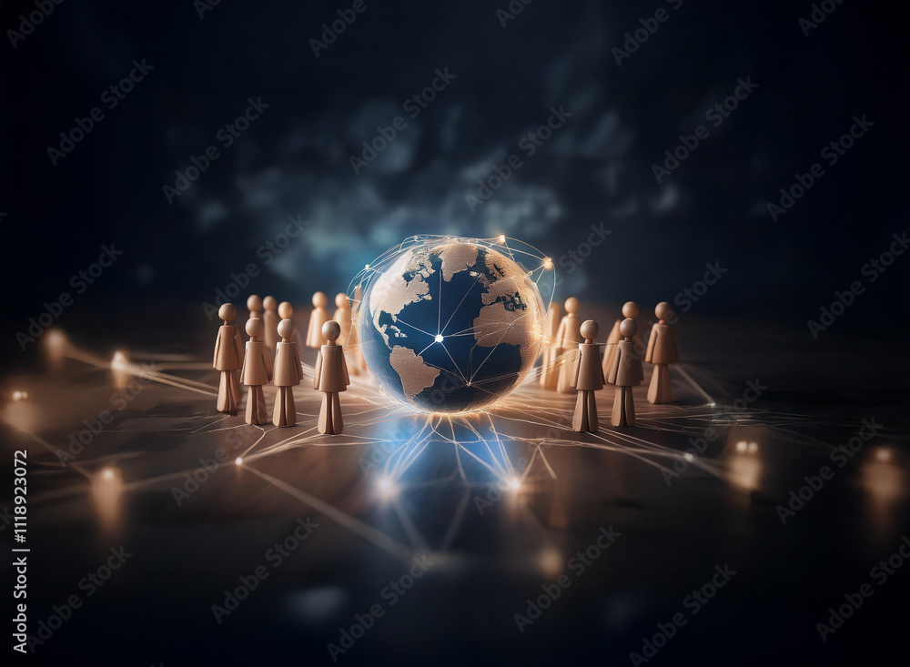 Poster a glowing globe encircled by wooden figures, interconnected by luminous lines representing global ne