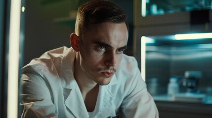 Obraz premium Medical professional intently examining a microscope slide, deeply focused on disease investigation in a sterile lab environment.