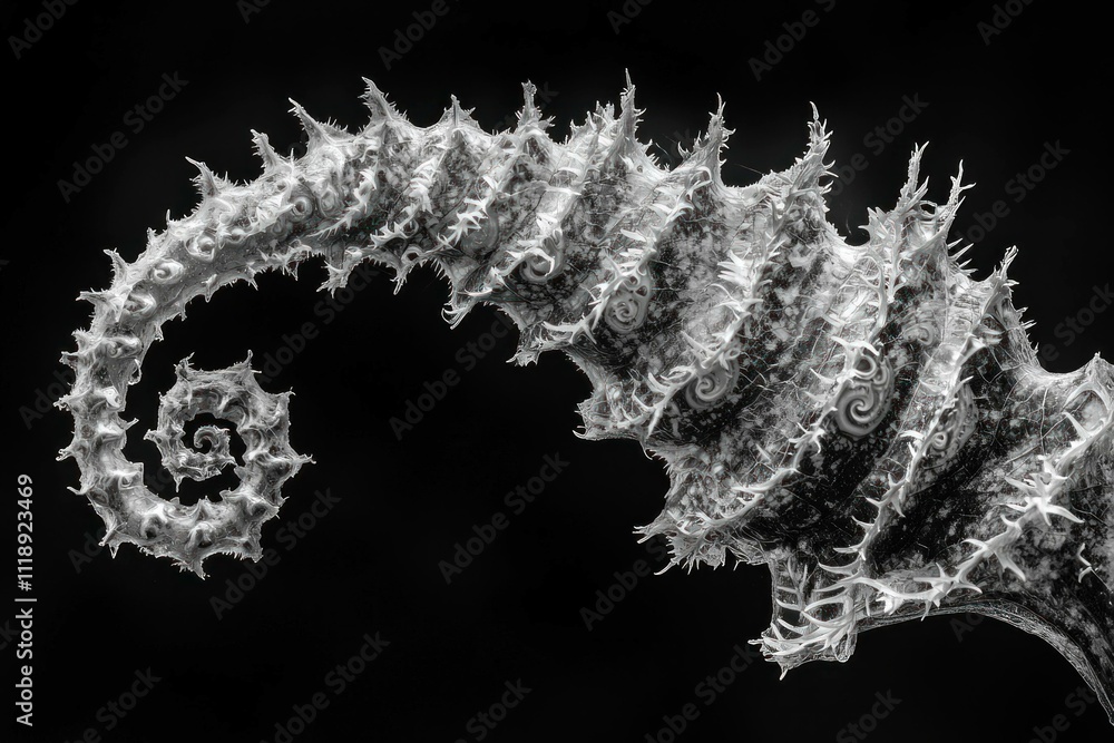 Poster intricate black and white close-up of a spiral seashell showcasing its unique texture and pattern, h